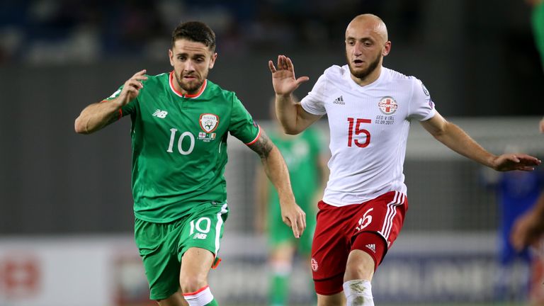 Republic of Ireland's Robbie Brady (left) and Georgia's Valerian Gvilia battle for the ball during the 2018 FIFA World Cup Qualifying, Group D match at the