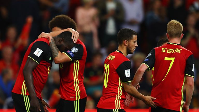 Romelu Lukaku (L) of Belgium celebrates scoring a goal v Gibraltar with team-mates Axel Witsel, Eden Hazard and Kevin De Bruyne