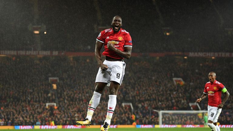 MANCHESTER, ENGLAND - SEPTEMBER 12:  Romelu Lukaku of Manchester United celebrates scoring his sides second goal during the UEFA Champions League Group A m