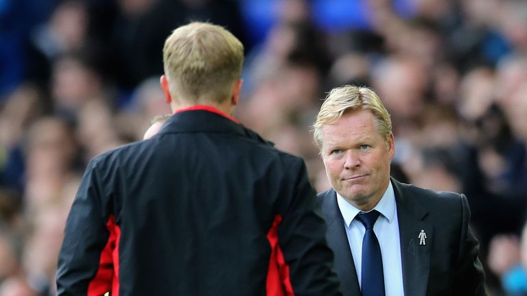 LIVERPOOL, ENGLAND - SEPTEMBER 23: Ronald Koeman, Manager of Everton and Eddie Howe, Manager of AFC Bournemouth shake hands after the Premier League match 