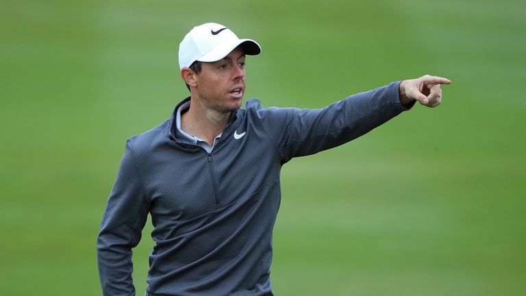 NEWCASTLE UPON TYNE, ENGLAND - SEPTEMBER 27:  Rory McIlroy of Northern Ireland gestures on the 3rd hole ahead of the British Masters at Close House Golf Cl
