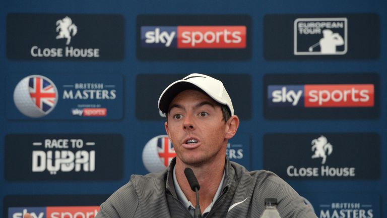 NEWCASTLE UPON TYNE, ENGLAND - SEPTEMBER 27: Rory McIlroy of Northern Ireland speaks to the media at a press conference during the British Masters previews