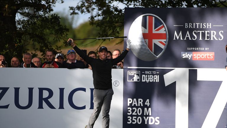 NEWCASTLE UPON TYNE, ENGLAND - SEPTEMBER 28:  Rory McIlroy of Northern Ireland reacts after hitting his tee shot on the 17th hole during day one of the Bri