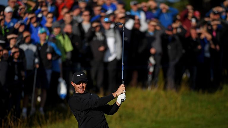 NEWCASTLE UPON TYNE, ENGLAND - SEPTEMBER 28:  Rory McIlroy of Northern Ireland hits his second shot on the 12th hole during day one of the British Masters 