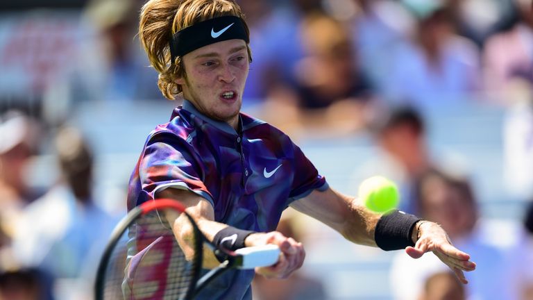 Russia's Andrey Rublev returns the ball to Belgium's David Goffin during their Qualifying Men's Singles match at the 2017 US Open Tennis Tournament on Sept