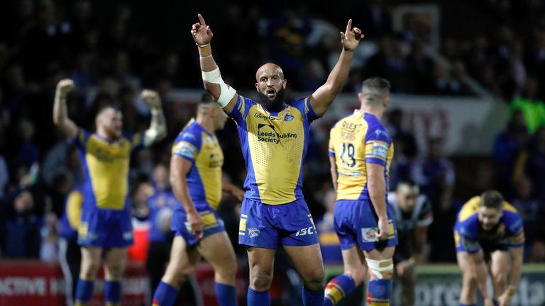 Jamie Jones-Buchanan celebrates after Leeds' Super League semi-final win over Hull FC