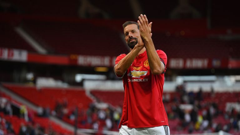 MANCHESTER, ENGLAND - SEPTEMBER 02: Ruud Van Nistelrooy of Manchester United walks of the pitch during the match between Manchester United Legends and FC B