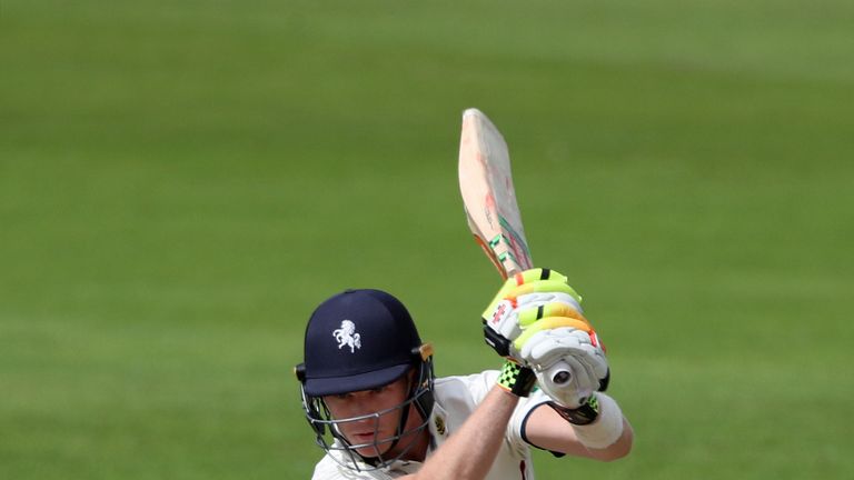 CANTERBURY, ENGLAND - AUGUST 07: Sam Billings of Kent hits out during day two of the tour match between Kent and West Indies at The Spitfire Ground on Augu