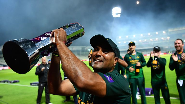 BIRMINGHAM, ENGLAND - SEPTEMBER 02:  Samit Patel of Notts celebrates with the trophy following the NatWest T20 Blast Final between Birmingham Bears and Not