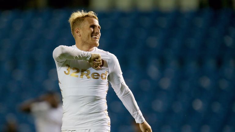 Leeds United's Samu Saiz celebrates after the Carabao Cup, First Round match at Elland Road