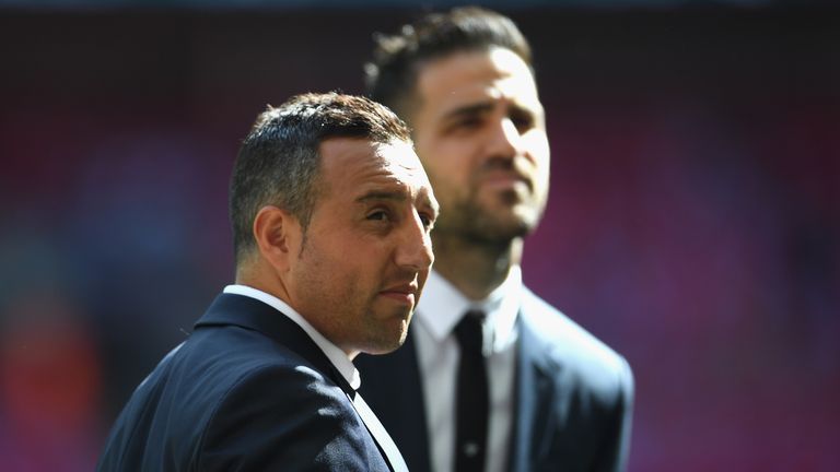 LONDON, ENGLAND - MAY 27:  Santi Cazorla of Arsenal and Cesc Fabregas of Chelsea speak prior to The Emirates FA Cup Final between Arsenal and Chelsea at We