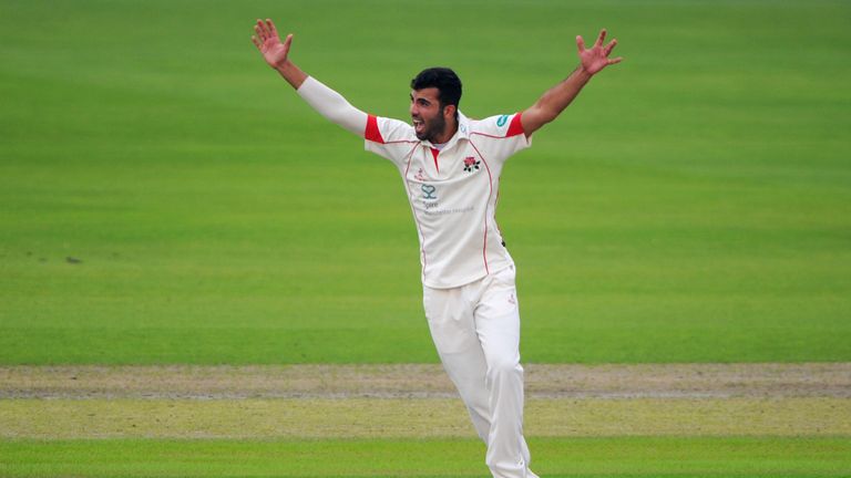 Saqib Mahmood of Lancashire appeals during the County Championship Division One match between Lancashire and Surrey