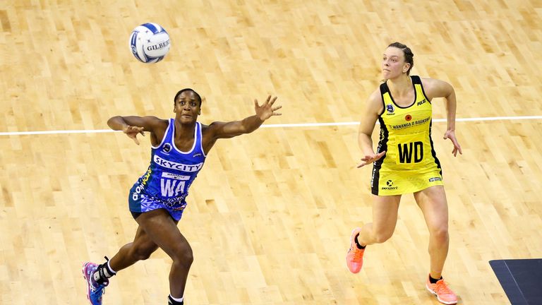 WELLINGTON, NEW ZEALAND - APRIL 24:  Sasha Corbin of the Mystics attempts to intercept a pass to Claire Kersten of the Pulse during the New Zealand Premier