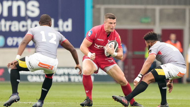 Guinness PRO14, Parc y Scarlets, Llanelli, Wales 2/9/2017.Scarlets vs Southern Kings.Scarlets' Scott Williams with Southern Kings' Luzuko Vulindlu