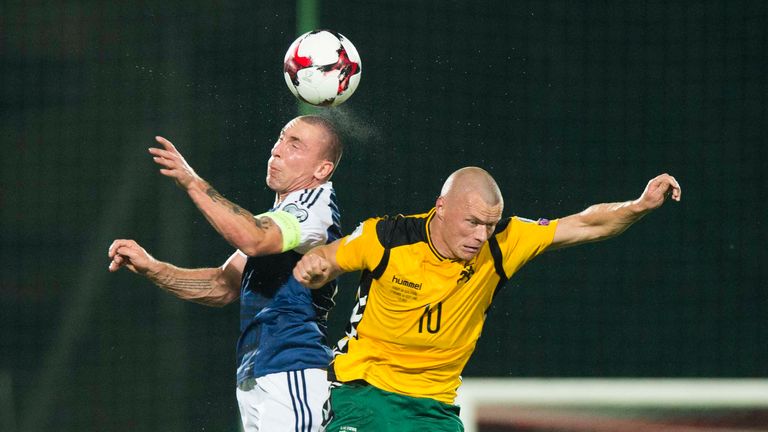 Scott Brown heads clear under pressure from Lithuania's Daivydas Sernas