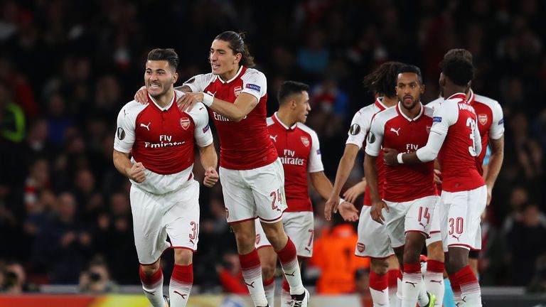LONDON, ENGLAND - SEPTEMBER 14:  Sead Kolasinac of Arsenal celebrates scoring the first Arsenal goal with team mates during the UEFA Europa League group H 