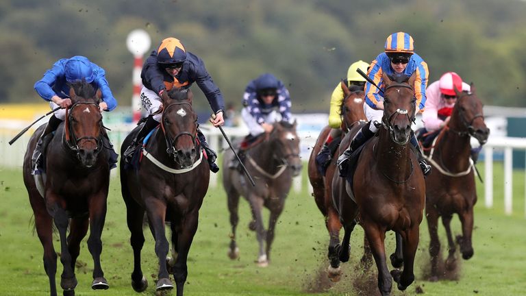 Seahenge ridden by Donnacha O'Brien (right) wins The Howcroft Industrial Supplies Champagne Stakes, during day four of the William Hill St. Leger Festival 