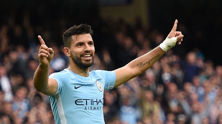 Manchester City's Argentinian striker Sergio Aguero celebrates after scoring their fourth goal during the English Premier League football match between Man