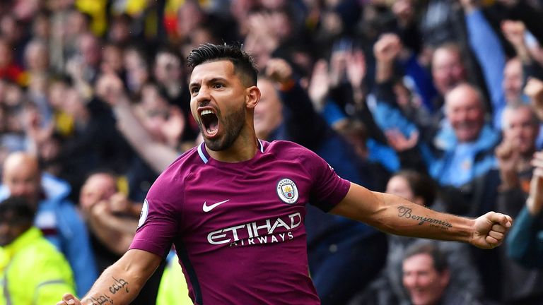 Sergio Aguero celebrates his third goal in Manchester City's 6-0 win at Watford