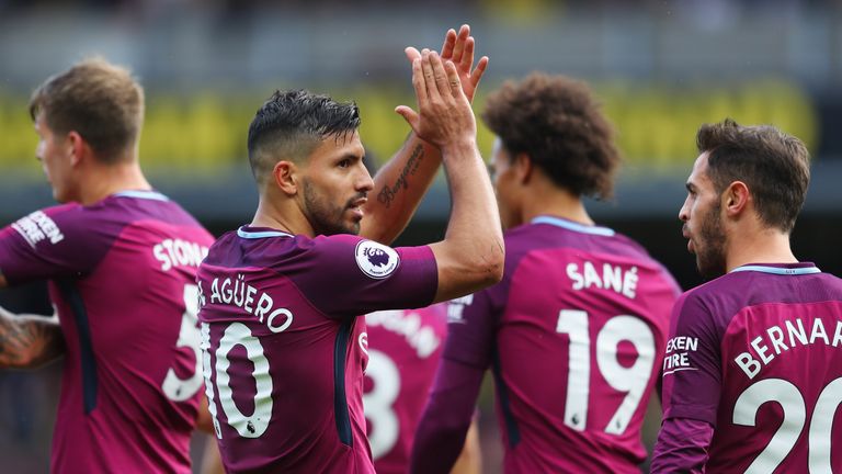 Sergio Aguero completes his hat-trick with Manchester City's fifth goal at Vicarage Road