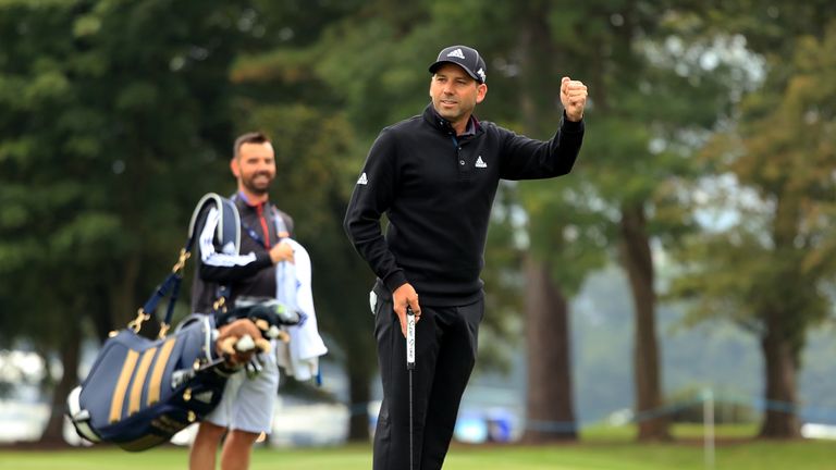 NEWCASTLE UPON TYNE, ENGLAND - SEPTEMBER 27:  Sergio Garcia in celebrates on the 6th green during the pro am ahead of the British Masters at Close House Go