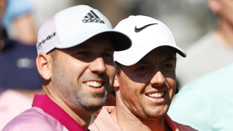 PONTE VEDRA BEACH, FL - MAY 10:  Sergio Garcia of Spain and Rory McIlroy of Northern Ireland look on during a practice round prior to THE PLAYERS Champions