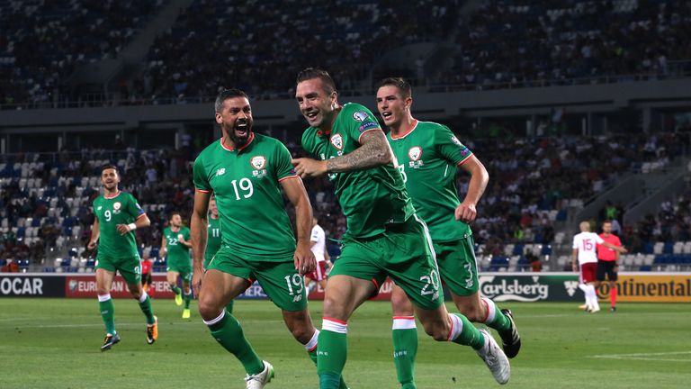 Republic of Ireland's Shane Duffy (centre) celebrates scoring his side's first goal of the game during the 2018 FIFA World Cup Qualifying, Group D match at
