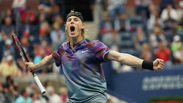 Canada's Denis Shapovalov reacts after winning his tennis match against  Spain's Pablo Carreno Busta in their Qualifying Men's Singles match at the 2017 US