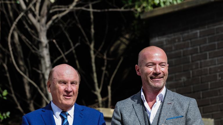 Freddy Shepherd (L) and Alan Shearer (R) during the unveiling of the Alan Shearer Statue on Barrack Road at St.James' P