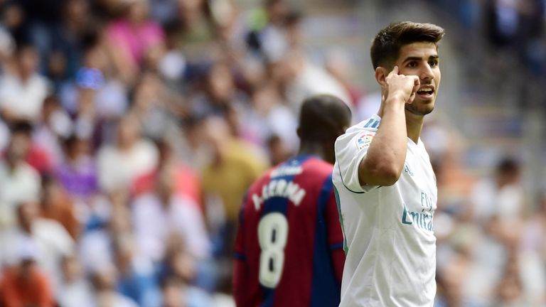 Real Madrid's midfielder Marco Asensio gestures during the Spanish Liga football match Real Madrid vs Levante at the Santiago Bernabeu stadium in Madrid on