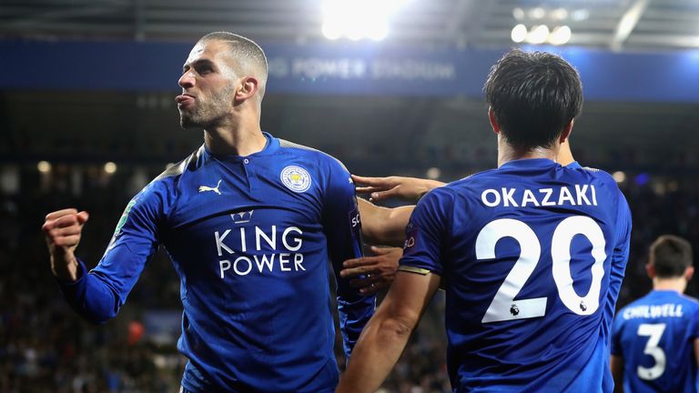 Islam Slimani celebrates his stunning goal as Leicester beat Liverpool 2-0 in the Carabao Cup