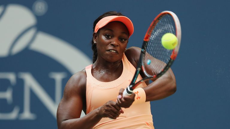 NEW YORK, NY - SEPTEMBER 05:  Sloane Stephens of the United States returns a shot against Anastasija Sevastova of Latvia during her Women's Singles Quarter