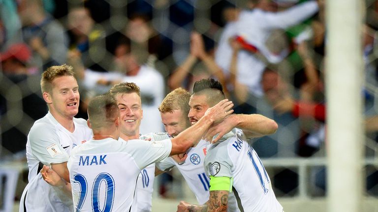 Slovakia's players celebrate after a goal of Adam Nemec during during the FIFA World Cup 2018 qualification football match between Slovakia  and Slovenia i