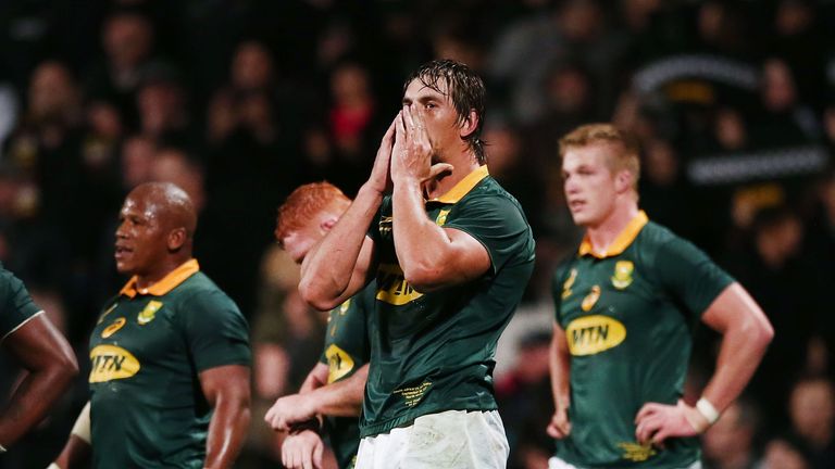 AUCKLAND, NEW ZEALAND - SEPTEMBER 16:  Eben Etzebeth of South Africa reacts during the Rugby Championship match between the New Zealand All Blacks and the 
