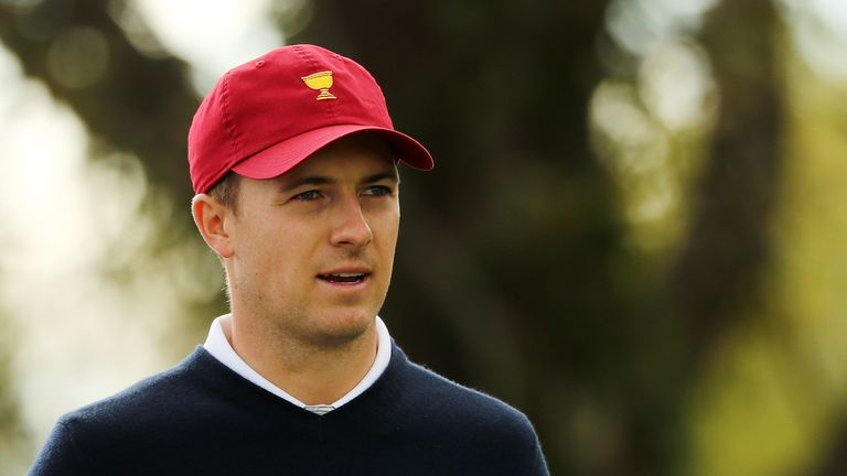 JERSEY CITY, NJ - SEPTEMBER 30:  Jordan Spieth of the U.S. Team looks on from the on the 12th hole tee during Saturday foursome matches of the Presidents C