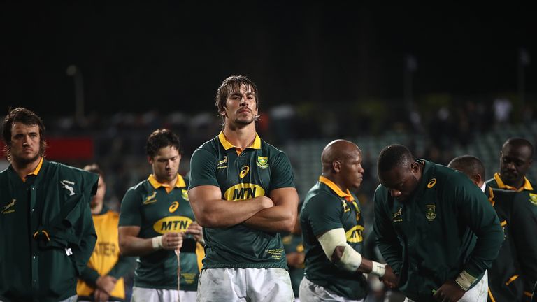 AUCKLAND - SEPTEMBER 16 2017:  Springbok captain Eben Etzebeth is dejected following the Rugby Championship match between the All Blacks and Boks