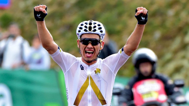 Aqua Blue's Austrian Stefan Denifl celebrates as he crosses the finish line of the 17th stage of the 72nd edition of "La Vuelta" Tour of Spain cycling race