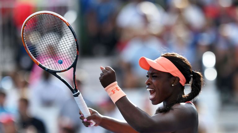 Sloane Stephens of the US celebrates after defeating Germany's Julia Goerges during their 2017 US Open Women's Singles match at the USTA Billie Jean King N