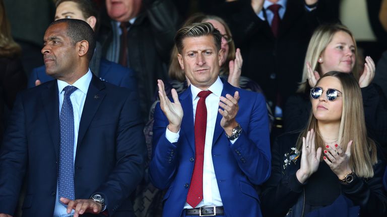 LONDON, ENGLAND - APRIL 29: Crystal Palace Chairman Steve Parish (C) applauds with Mark Bright (L) prior to the Premier League match between Crystal Palace