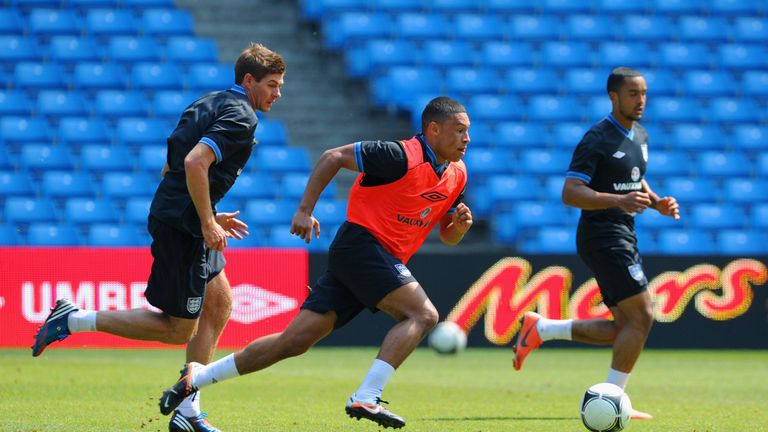 Steven Gerrard and Alex Oxlade-Chamberlain pictured in England training in 2012