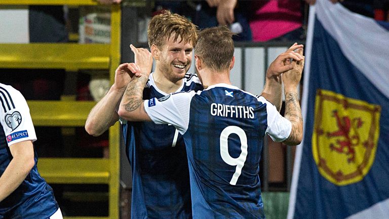 Stuart Armstrong (left) celebrates with his team-mate Leigh Griffiths