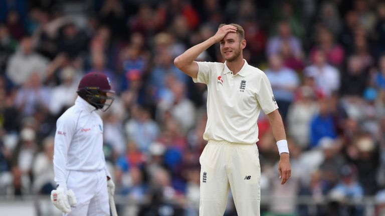England bowler Stuart Broad reacts during day five of the 2nd Investec Test Match between England and West Indies at Headingley