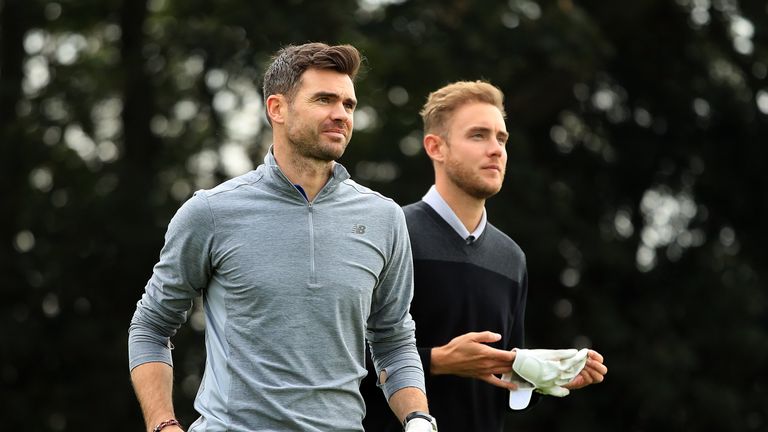 NEWCASTLE UPON TYNE, ENGLAND - SEPTEMBER 27:  Cricketers James Anderson and Stuart Broad during the pro am ahead of the British Masters at Close House Golf