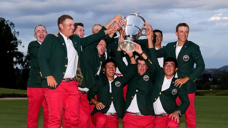 Team USA pose with  the 2017 Walker Cup after beating Great Britain and Ireland 19-7 in Los Angeles on Sep 10