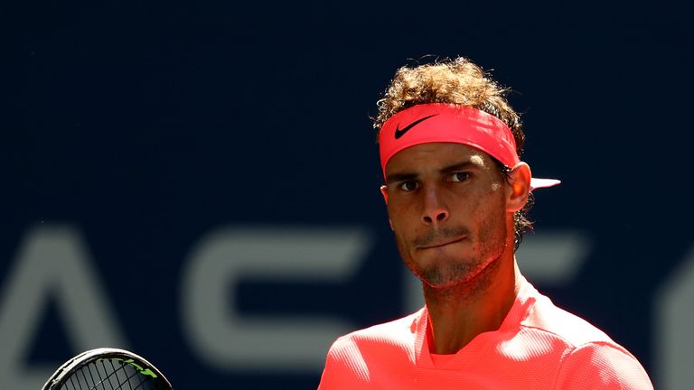 Rafael Nadal of Spain reacts against Alexandr Dolgopolov of Ukraine during their fourth round Men's Singles match on Day Eight at the US Open