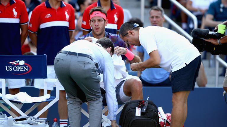 Juan Martin del Potro of Argentina during a break against Dominic Thiem of Austria during their fourth round Men's Singles match at US Open