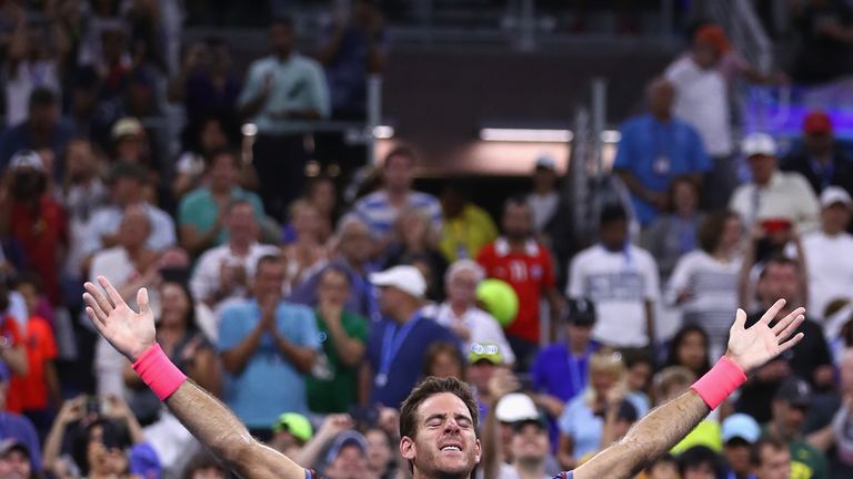 Juan Martin del Potro of Argentina celebrates after defeating Dominic Thiem of Austria in their fourth round Men's Singles match at US Open