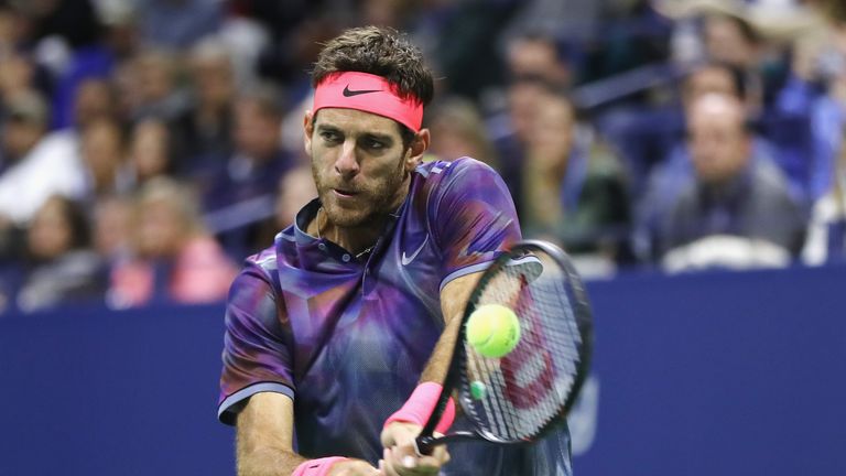 Juan Martin del Potro of Argentina returns a shot against Rafael Nadal of Spain during their Men's Singles Semifinal match at US Open