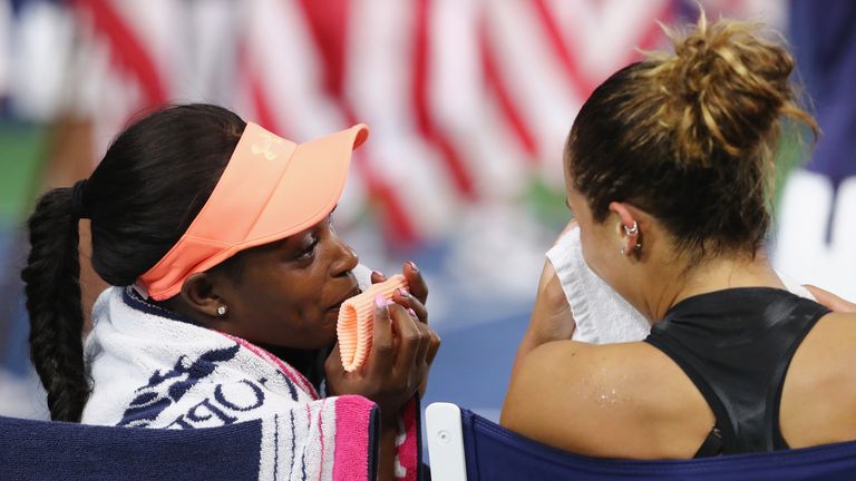 Sloane Stephens of the United States speaks with Madison Keys of the United States after their Women's Singles finals match at US Open