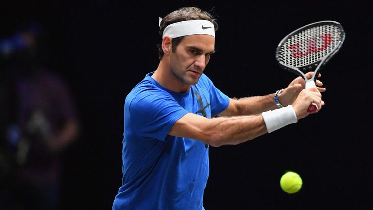 Roger Federer of Switzerland in action during a training session ahead of the Laver Cup